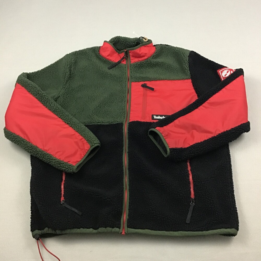 Timberland Jacket Men 2XL Green Red Black Sherpa Fleece Colorblock Full Zip XXL